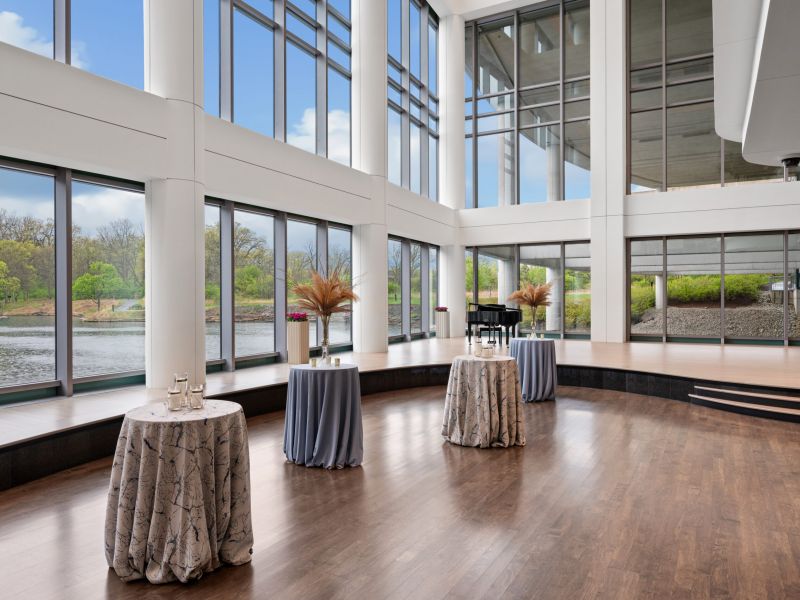 High ceilinged large modern lobby.