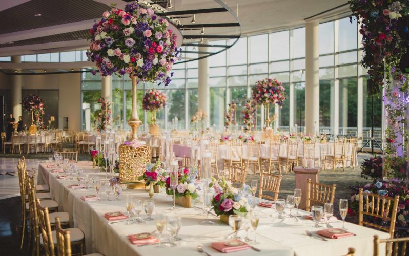 Ballroom decorated for dinner.